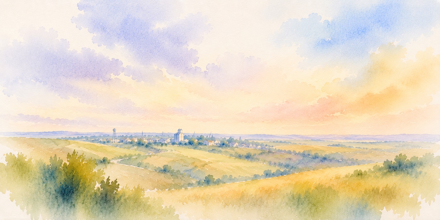 Watercolor of the Lyons prairie at sunset, grain elevator and water tower on the horizon