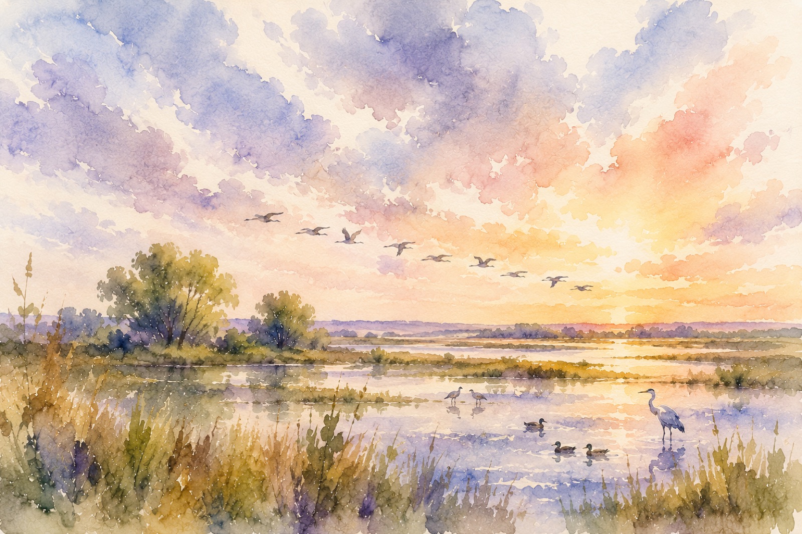 Watercolor of the Quivira wetlands at sunset, with a heron, ducks and a skein of migrating birds crossing the sky
