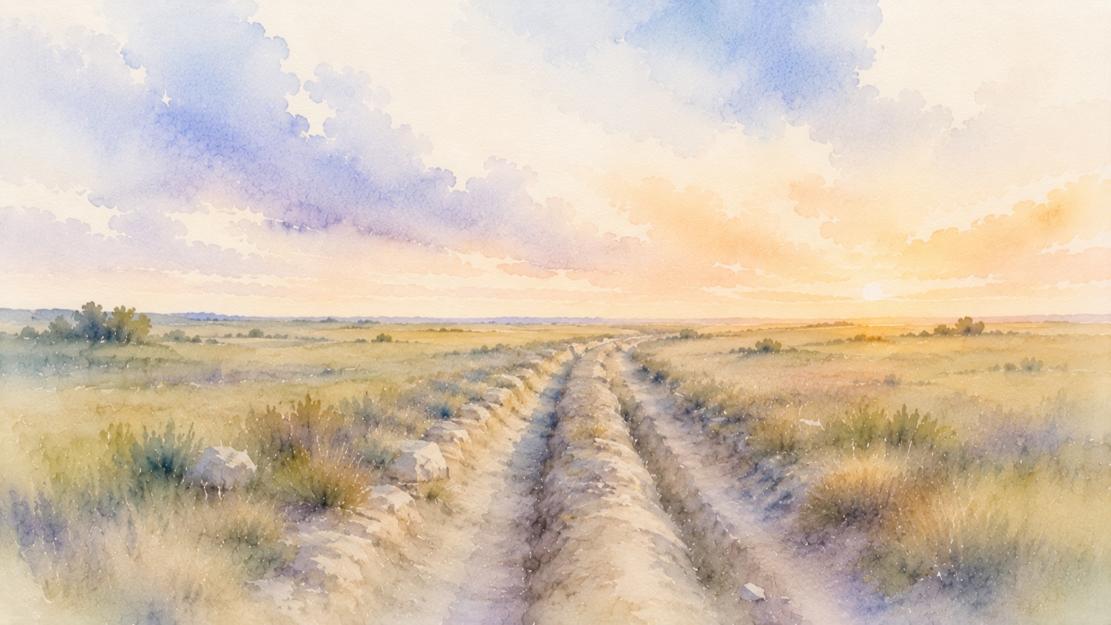Watercolor of Santa Fe Trail wagon ruts crossing the open Rice County prairie at sunset
